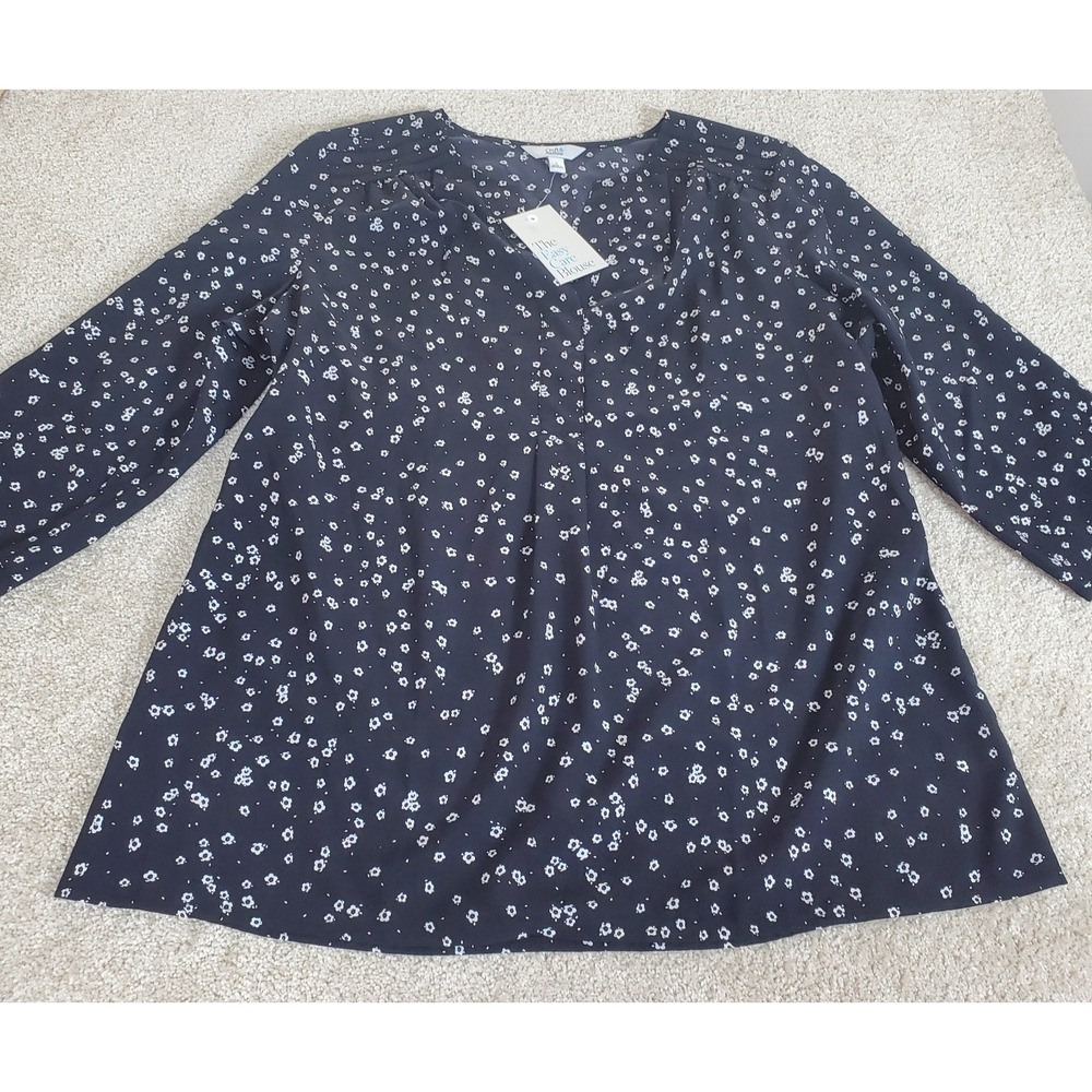 Croft & Barrow Women's V-Neck Blouse Size L Black Floral 3/4 Sleeve NWTG